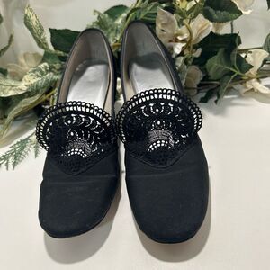 Vintage Carlton Heel Pumps Women's Size 7 Black Satin Lace Doily 50s-60s